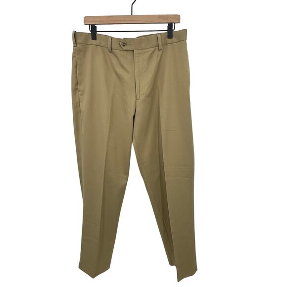 Perry Ellis Portfolio pants flat front no iron comfort waistband twill tan 34/30 - Picture 1 of 8